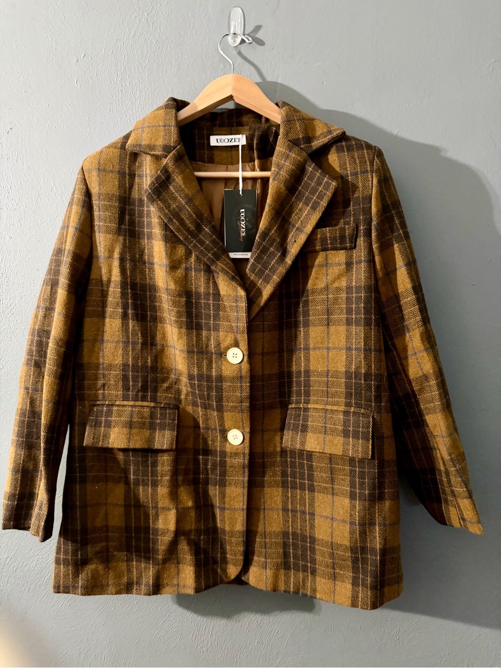 UOOZEE  Women's Brown Plaid thin Navy Stripe Wool-Blend Blazer
